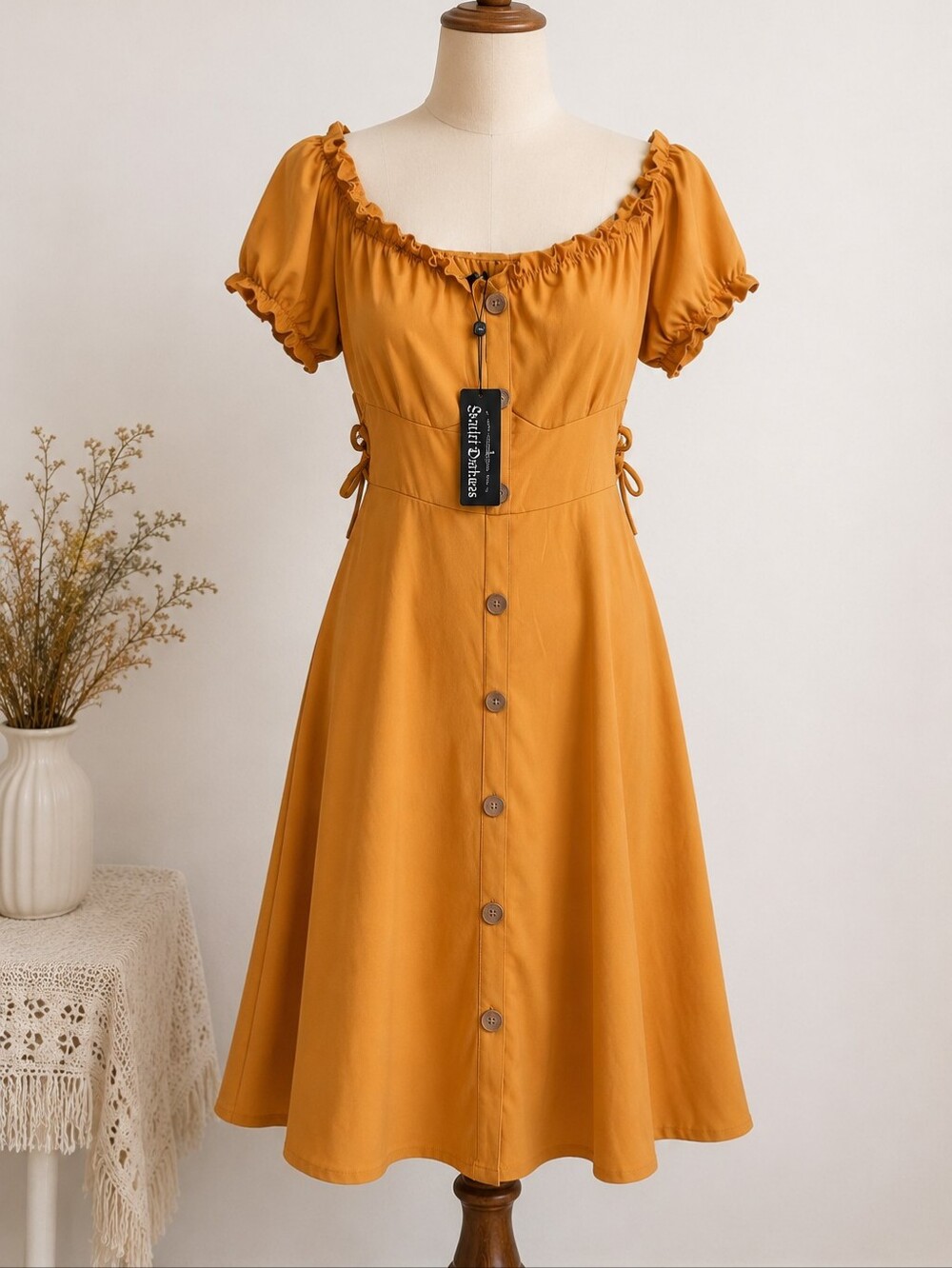 NWT Scarlet Darkness Mustard Yellow Off Shoulder Skater Dress Large Cottagecore
